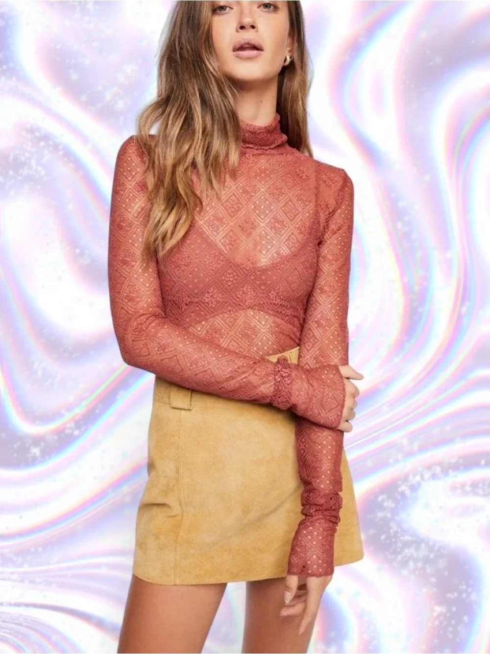 Free People Double Layer Tribeca Sheer Lace Mock Neck Top - Rusty Pink
